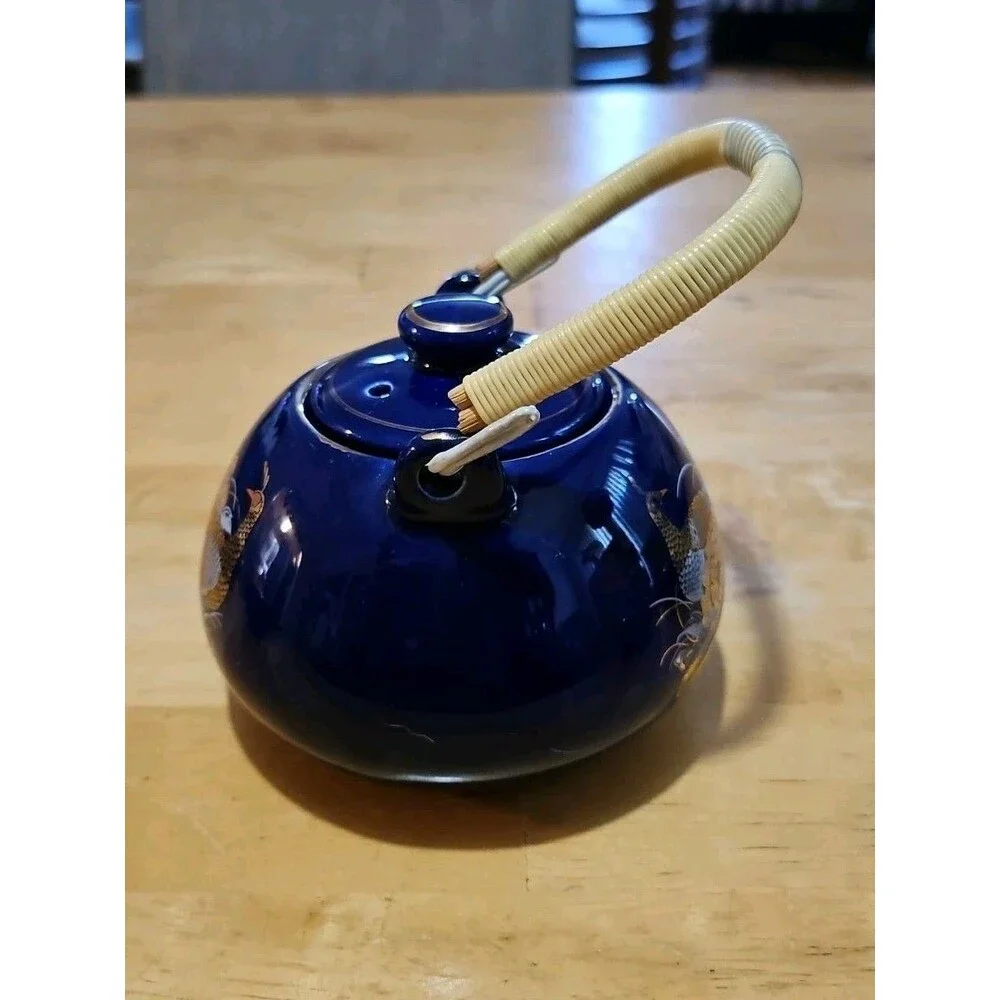 Vintage Japanese Cobalt Blue Tea Set With Gold Peacock Design - Teapot W/ 4 Cups